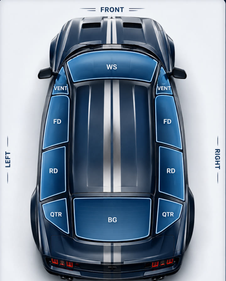 Top-down car. Tap a window to choose it. Front is at the top.